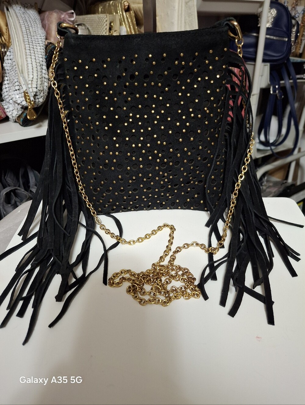 Black Suede Leather Fringe Crossbody Bag with Gold Studs Mossimo